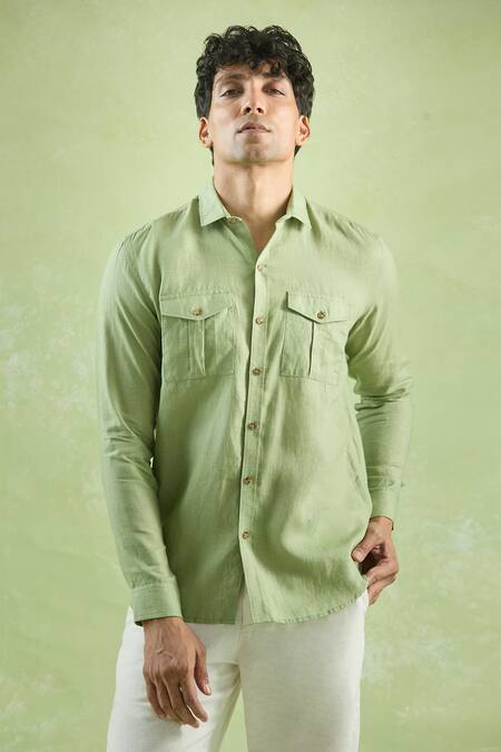 Aryavir Malhotra_Green Linen Full Sleeve Buttoned Shirt _at_Aza_Fashions