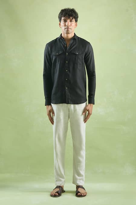 Arihant Rai Sinha_Black Linen Full Sleeve Front Buttoned Shirt _Online_at_Aza_Fashions