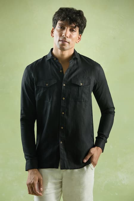 Buy_Arihant Rai Sinha_Black Linen Full Sleeve Front Buttoned Shirt _Online_at_Aza_Fashions
