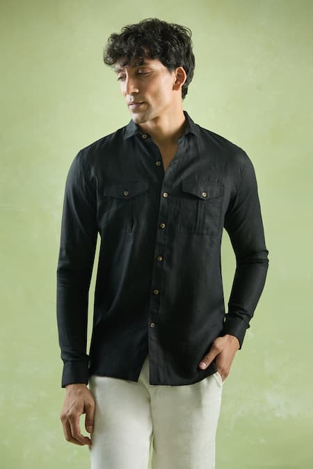 Shop_Arihant Rai Sinha_Black Linen Full Sleeve Front Buttoned Shirt _Online_at_Aza_Fashions