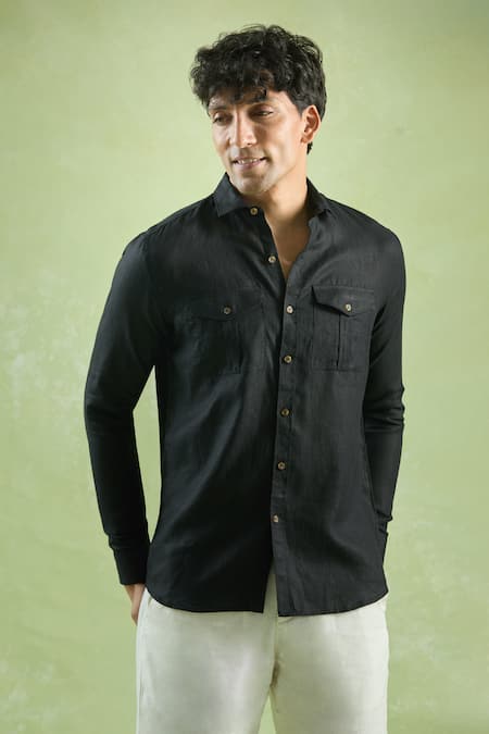 Arihant Rai Sinha_Black Linen Full Sleeve Front Buttoned Shirt _at_Aza_Fashions