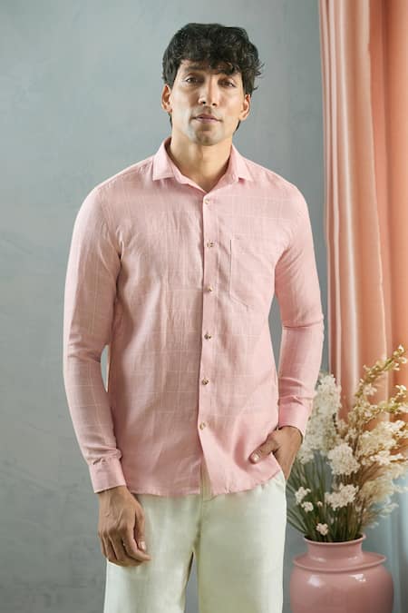 Arihant Rai Sinha Pink 100% Pure European Linen Checkered Pattern Shirt 