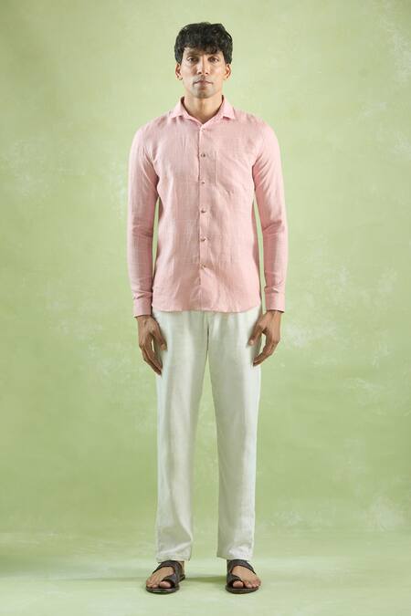 Arihant Rai Sinha_Pink Linen Checkered Full Sleeve Shirt _Online_at_Aza_Fashions