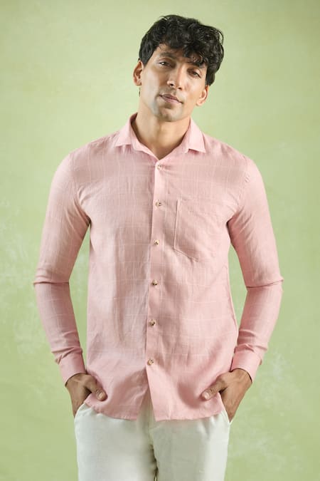 Shop_Arihant Rai Sinha_Pink Linen Checkered Full Sleeve Shirt _Online_at_Aza_Fashions