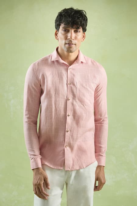 Arihant Rai Sinha_Pink Linen Checkered Full Sleeve Shirt _at_Aza_Fashions