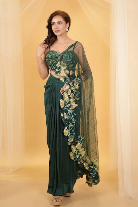 Archana Kochhar_Green Silk, Net The Forest Embellished Draped Blouse With Dhoti Skirt_Online_at_Aza_Fashions