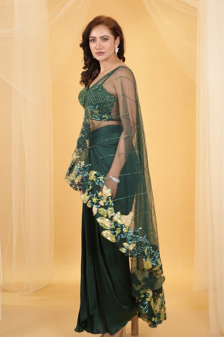 Buy_Archana Kochhar_Green Silk, Net The Forest Embellished Draped Blouse With Dhoti Skirt_Online_at_Aza_Fashions