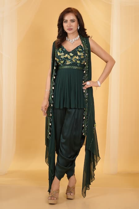 Buy_Archana Kochhar_Green Georgette, Silk Sequins, The Forest Embellished Jacket And Dhoti Pant Set_Online_at_Aza_Fashions