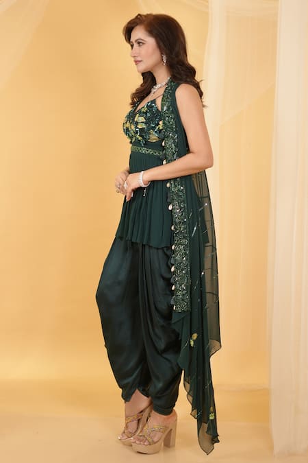 Shop_Archana Kochhar_Green Georgette, Silk Sequins, The Forest Embellished Jacket And Dhoti Pant Set_Online_at_Aza_Fashions
