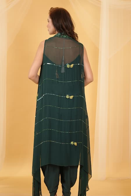 Archana Kochhar_Green Georgette, Silk Sequins, The Forest Embellished Jacket And Dhoti Pant Set_at_Aza_Fashions