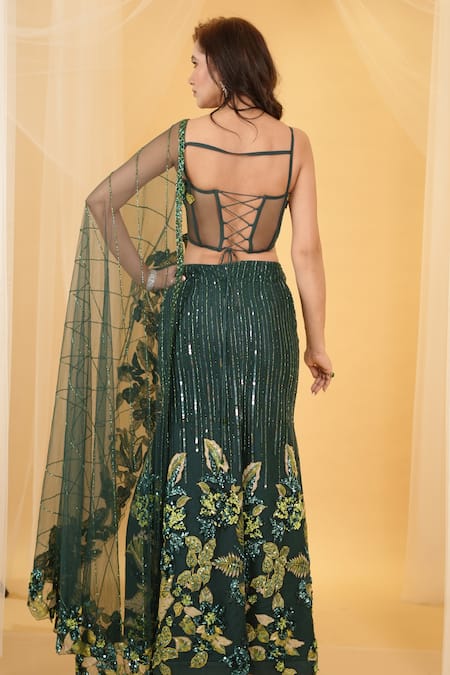 Shop_Archana Kochhar_Green Silk, Net Sequins, The Forest Embellished Slit Lehenga With Blouse_Online_at_Aza_Fashions