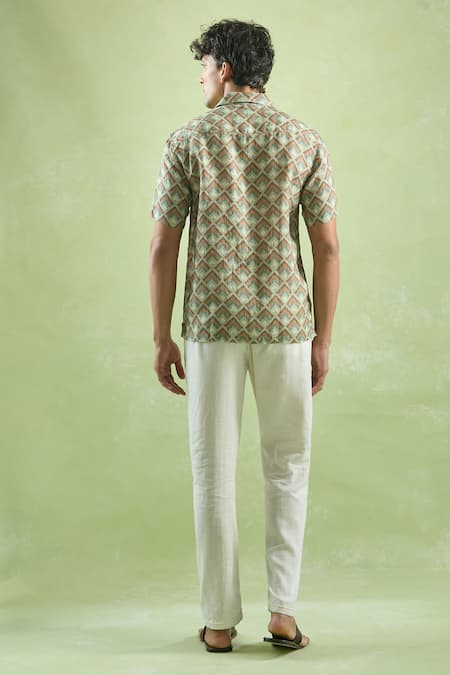 Shop_Aryavir Malhotra_Green Linen Mosaic Print Casual Shirt _at_Aza_Fashions