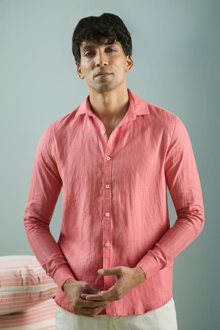 Arihant Rai Sinha Red 100% Pure European Linen Stripe Full Sleeve Shirt 