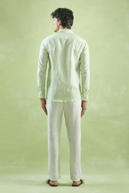 Shop Aryavir Malhotra Green Linen Stripe Pattern Shirt at Aza Fashions Shop_Aryavir Malhotra_Green Linen Stripe Pattern Shirt _at_Aza_Fashions