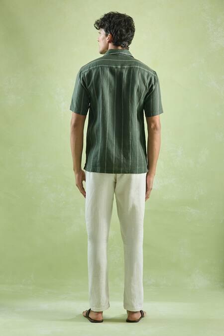 Shop Aryavir Malhotra Green Linen Stripe Pattern Casual Shirt at Aza Fashions Shop_Aryavir Malhotra_Green Linen Stripe Pattern Casual Shirt_at_Aza_Fashions