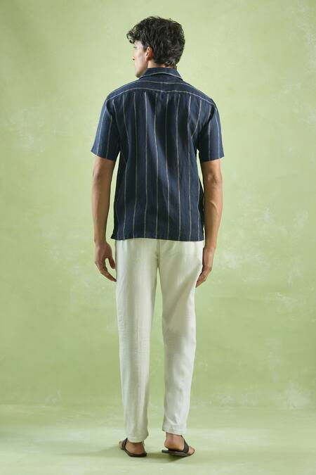 Shop Aryavir Malhotra Blue Linen Navy Pattern Shirt at Aza Fashions Shop_Aryavir Malhotra_Blue Linen Navy Pattern Shirt_at_Aza_Fashions