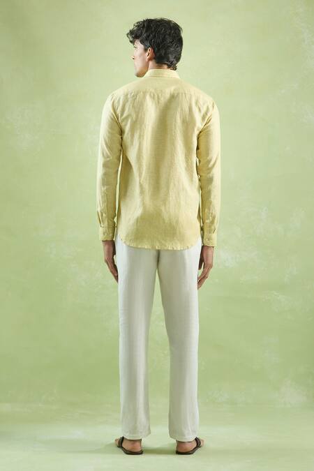 Shop Aryavir Malhotra Yellow Linen Stripe Pattern Full Sleeve Shirt at Aza Fashions Shop_Aryavir Malhotra_Yellow Linen Stripe Pattern Full Sleeve Shirt_at_Aza_Fashions
