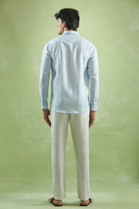 Shop_Aryavir Malhotra_Blue Linen Pattern Shirt_at_Aza_Fashions