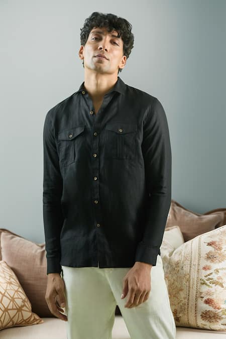 Arihant Rai Sinha Black 100% Pure European Linen - 60 Lea Plain Front Buttoned Shirt 