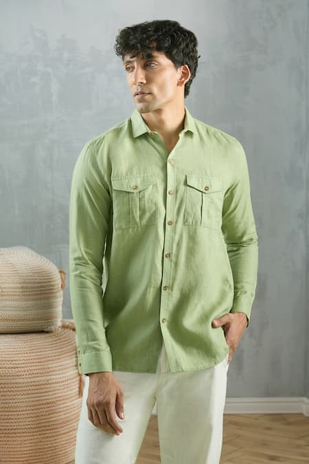 Buy Green 100% Pure European Linen - 60 Lea Plain Front Buttoned Shirt 