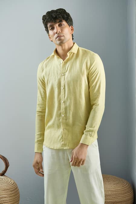 Arihant Rai Sinha Yellow 100% Pure European Linen Stripe Pattern Full Sleeve Shirt 