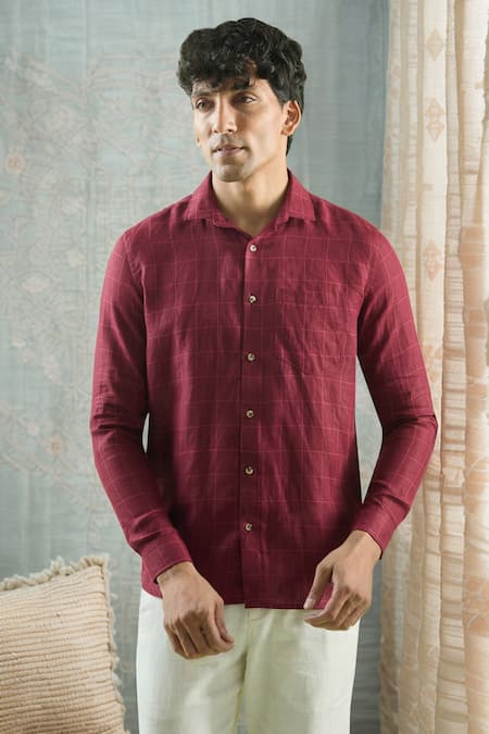 Arihant Rai Sinha Red 100% Pure European Linen Checkered Full Sleeve Pattern Shirt 