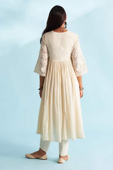 Shop_Roze_Cream Crepe, Chanderi Lace, Embroidery V-neck Embellished Anarkali _at_Aza_Fashions