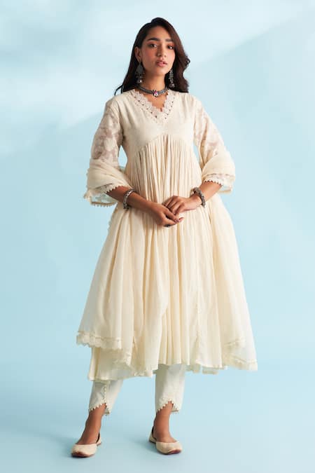 Shop_Roze_Cream Crepe, Chanderi Lace, Embroidery V-neck Embellished Anarkali _Online_at_Aza_Fashions