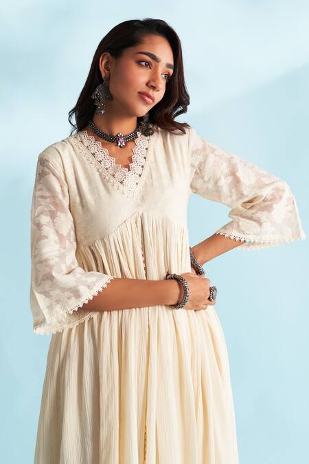 Roze_Cream Crepe, Chanderi Lace, Embroidery V-neck Embellished Anarkali _at_Aza_Fashions