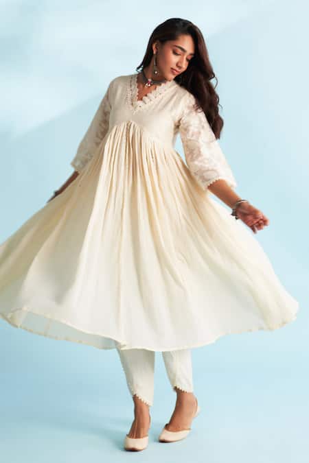 Buy_Roze_Cream Crepe, Cotton, Kota Doria Lace, Embroidery V-neck Embellished Anarkali Set _Online_at_Aza_Fashions
