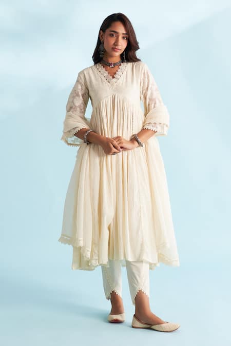 Shop_Roze_Cream Crepe, Cotton, Kota Doria Lace, Embroidery V-neck Embellished Anarkali Set _Online_at_Aza_Fashions