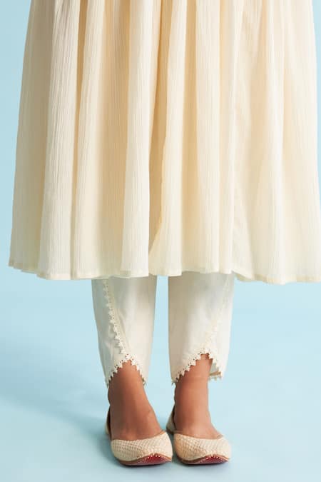 Buy_Roze_Cream Crepe, Cotton, Kota Doria Lace, Embroidery V-neck Embellished Anarkali Set 