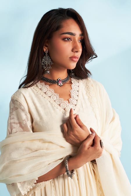 Shop_Roze_Cream Crepe, Cotton, Kota Doria Lace, Embroidery V-neck Embellished Anarkali Set 