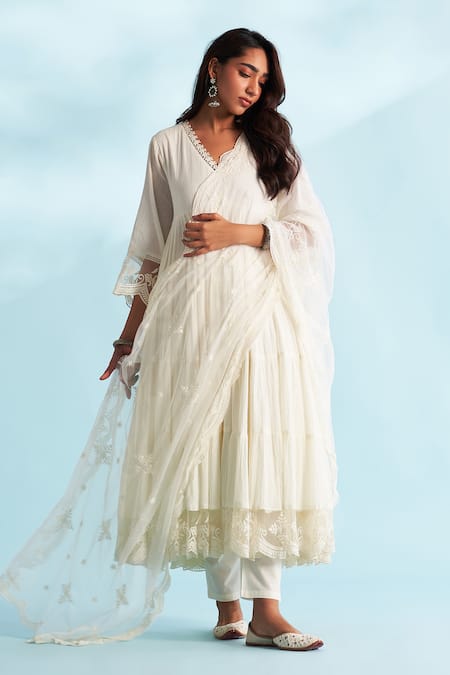 Shop_Roze_Ivory Crepe, Cotton, Net Lace, Embroidery V-neck Embellished Anarkali Set _at_Aza_Fashions