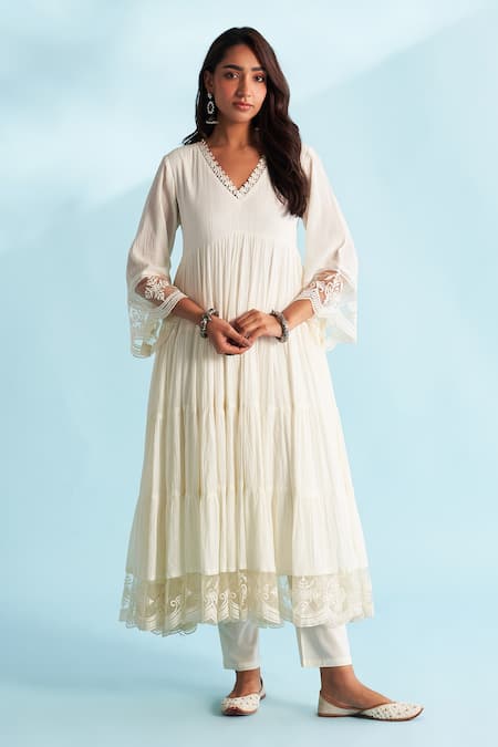 Roze_Ivory Crepe, Cotton, Net Lace, Embroidery V-neck Embellished Anarkali Set _Online_at_Aza_Fashions