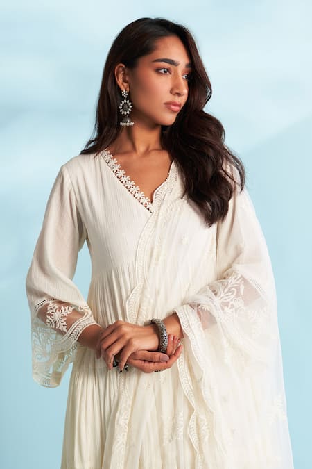 Shop_Roze_Ivory Crepe, Cotton, Net Lace, Embroidery V-neck Embellished Anarkali Set _Online_at_Aza_Fashions