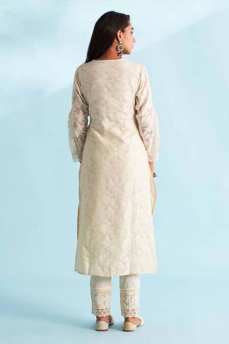 Shop_Roze_Cream Chanderi, Jacquard Lace, Embroidery V-neck Floral Embellished Kurta _at_Aza_Fashions