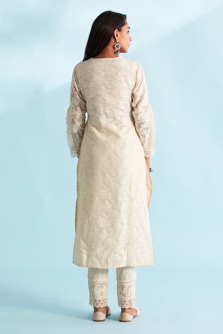 Shop_Roze_Cream Chanderi, Kota Doria Embroidery, Lace V-neck Floral Embellished Kurta Set _at_Aza_Fashions