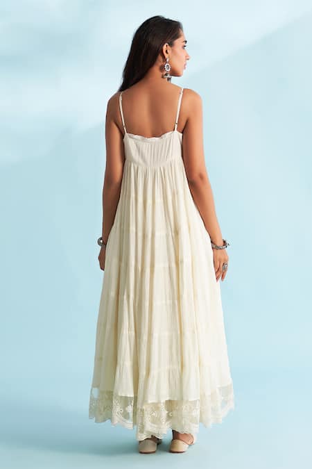 Shop_Roze_Ivory Crepe, Cotton, Net Lace, Embroidery Round Neck Embellished Anarkali Set _at_Aza_Fashions