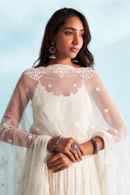 Buy_Roze_Ivory Crepe, Cotton, Net Lace, Embroidery Round Neck Embellished Anarkali Set _Online_at_Aza_Fashions