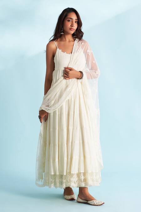 Shop_Roze_Ivory Crepe, Cotton, Net Lace, Embroidery Round Neck Embellished Anarkali Set _Online_at_Aza_Fashions