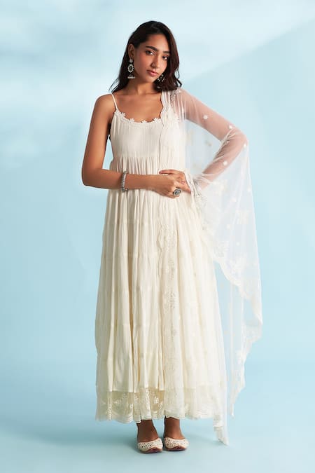 Roze_Ivory Crepe, Cotton, Net Lace, Embroidery Round Neck Embellished Anarkali Set _at_Aza_Fashions