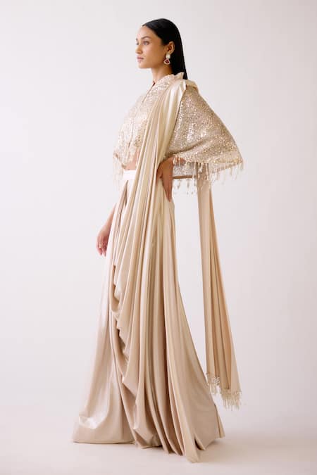 Basanti - Kapde Aur Koffee_Gold Lycra, Silk Pearls, Sequins, Crystals, Embroidered Pre-draped Saree Set _Online_at_Aza_Fashions