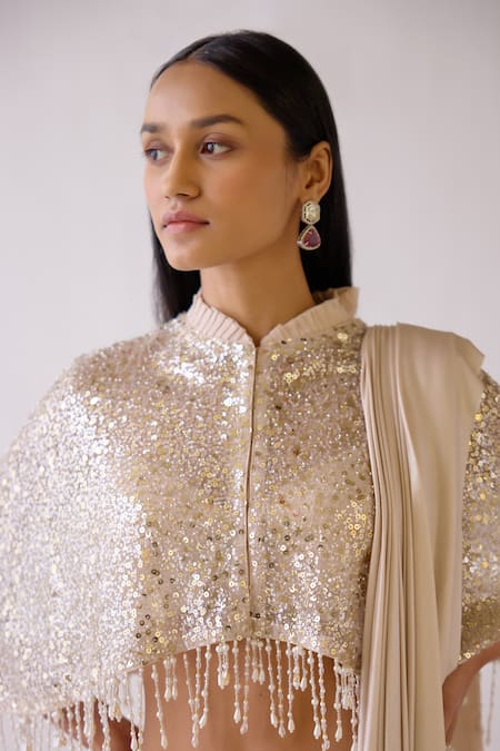 Buy_Basanti - Kapde Aur Koffee_Gold Lycra, Silk Pearls, Sequins, Crystals, Embroidered Pre-draped Saree Set _Online_at_Aza_Fashions