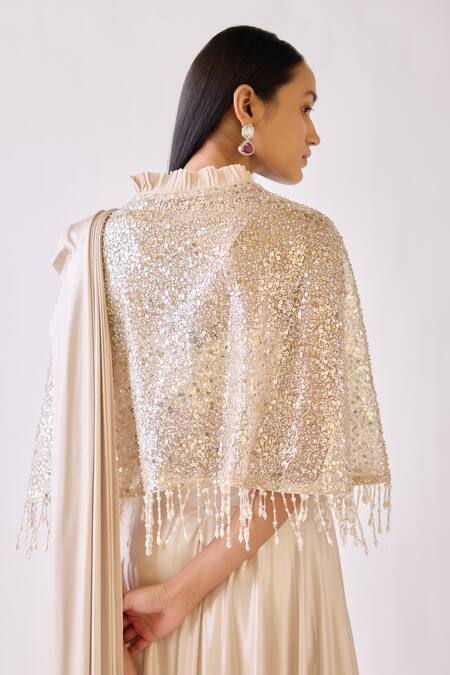 Shop_Basanti - Kapde Aur Koffee_Gold Lycra, Silk Pearls, Sequins, Crystals, Embroidered Pre-draped Saree Set _Online_at_Aza_Fashions