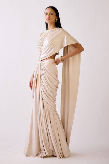 Basanti - Kapde Aur Koffee_Gold Silk, Lycra Crystals, Pearls, Embroidered Pre-draped Saree And Blouse_Online_at_Aza_Fashions