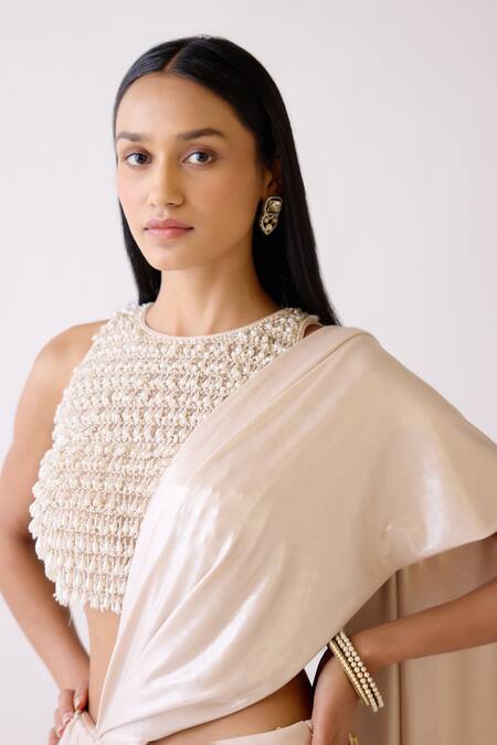 Buy_Basanti - Kapde Aur Koffee_Gold Silk, Lycra Crystals, Pearls, Embroidered Pre-draped Saree And Blouse_Online_at_Aza_Fashions