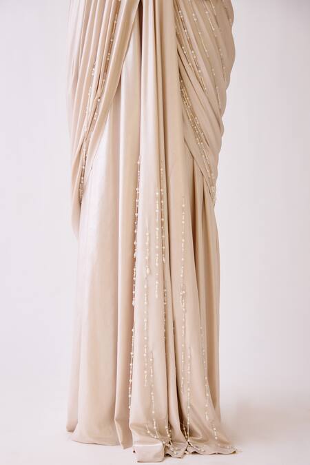 Shop_Basanti - Kapde Aur Koffee_Gold Silk, Lycra Crystals, Pearls, Embroidered Pre-draped Saree And Blouse_Online_at_Aza_Fashions