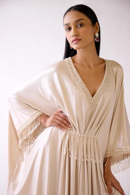 Shop_Basanti Kapde aur Koffee_Gold Lycra Beads, Pearls, Tassels V-neck Champagne And Embroidered Kaftan _Online_at_Aza_Fashions