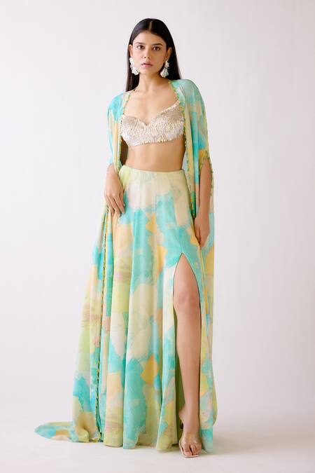 Basanti - Kapde Aur Koffee_Silver Crepe Sequins Sweetheart Neck Abstract Shoreline Print Cape And Sharara Set_Online_at_Aza_Fashions